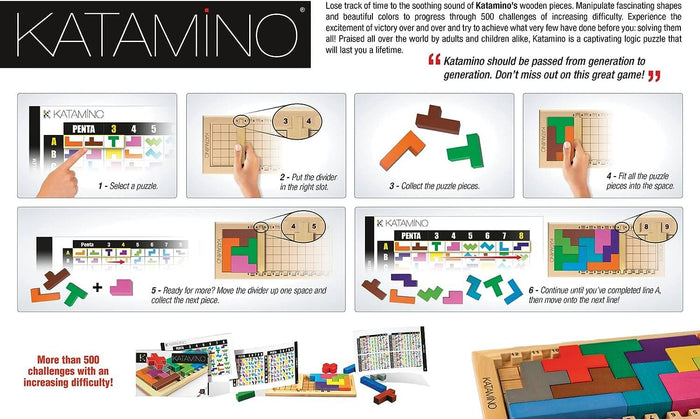 Infographic for Katamino game showing colorful wooden blocks, a grid board, and steps for solving logic puzzles.