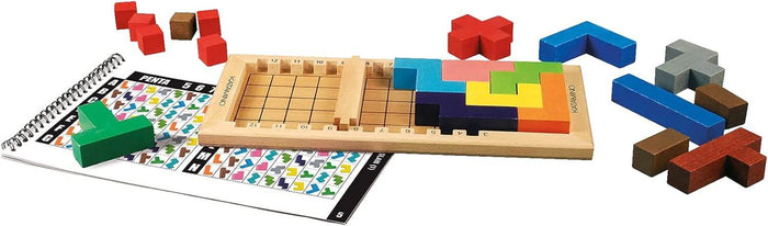 Wooden board game with colorful geometric blocks, a divider, and a spiral-bound puzzle guide.