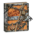 Hardcover diary with a wooden door design, chains, and Keep Out text. Features a physical metal lock and two keys.