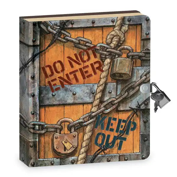 Hardcover diary with a wooden door design, chains, and Keep Out text. Features a physical metal lock and two keys.