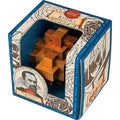 3D interlocking wooden burr puzzle in a blue decorative box featuring a portrait of Johannes Kepler.