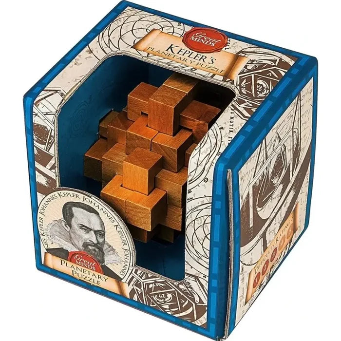 3D interlocking wooden burr puzzle in a blue decorative box featuring a portrait of Johannes Kepler.