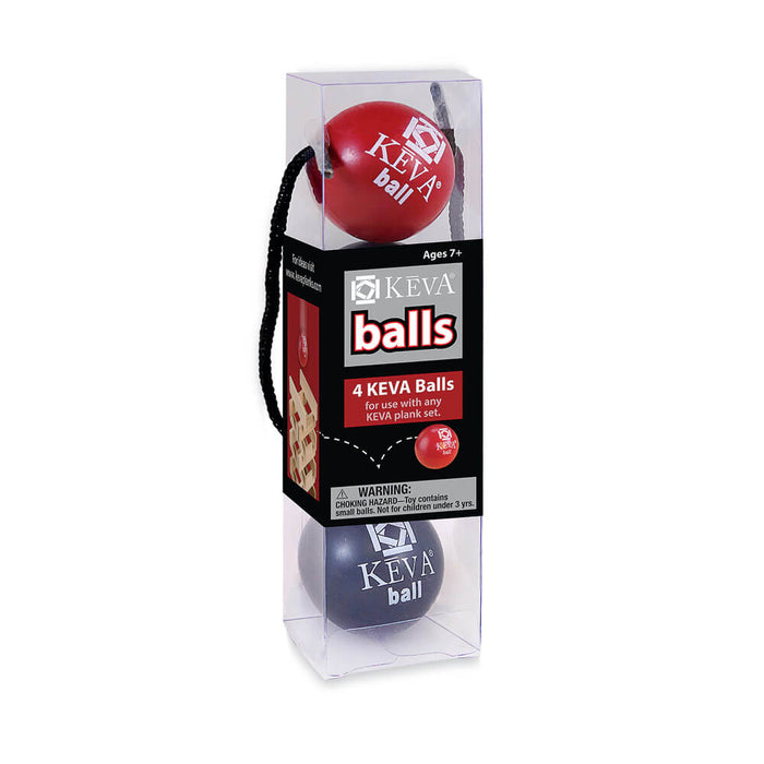 Four red and blue balls in a tall, clear rectangular box with a black label and a black mesh carrying cord.