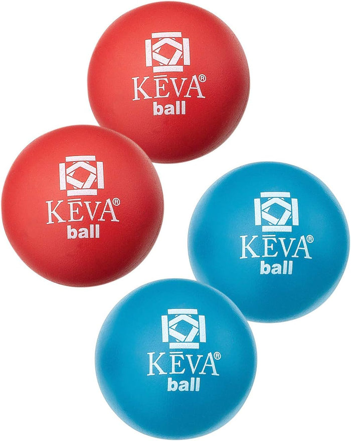 Four round balls, two red and two blue, each featuring a white geometric logo and KEVA ball text.