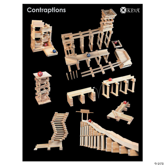 Examples of marble run towers and ramps built from light pine planks with red and blue balls on a black background.