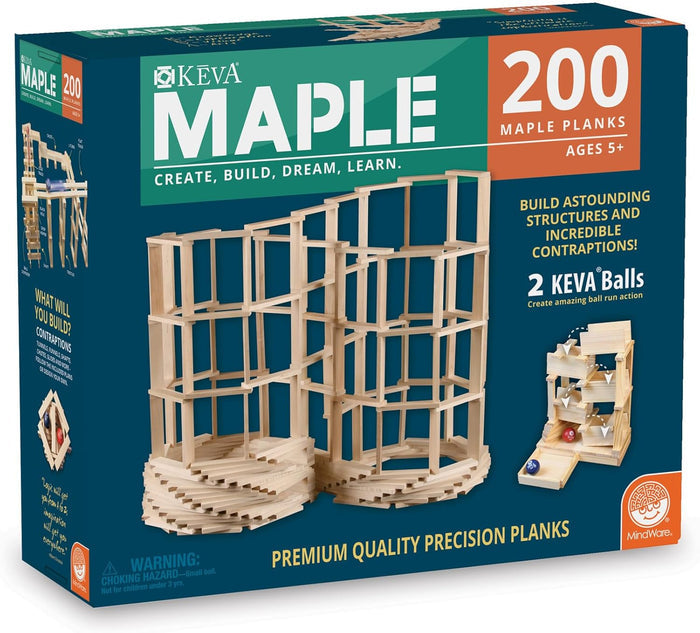 Teal and orange box for 200 maple planks featuring an intricate wooden tower build and ball run contraption.