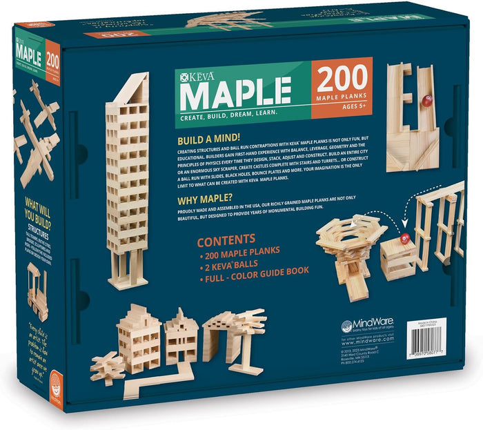 Teal KEVA Maple 200 box featuring wooden plank structures like towers and a ball run with small red balls.
