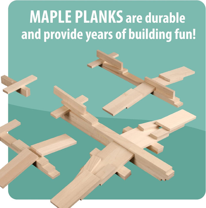 Five toy airplanes built from light-colored maple planks on a teal background with white text.