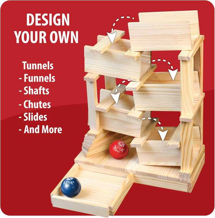 Multi-level wooden plank marble run with red and blue balls and white arrows indicating path flow.