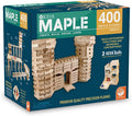 Teal and orange box showing a large toy castle and marble run contraption built from 400 light-colored wooden planks.