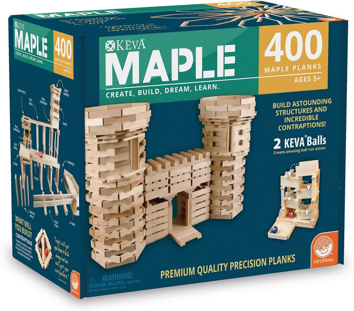 Teal and orange box showing a large toy castle and marble run contraption built from 400 light-colored wooden planks.