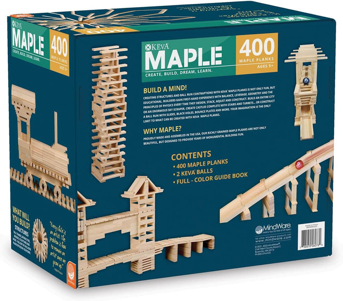 Teal and yellow box showing intricate towers and ball runs built from 400 natural wood planks.