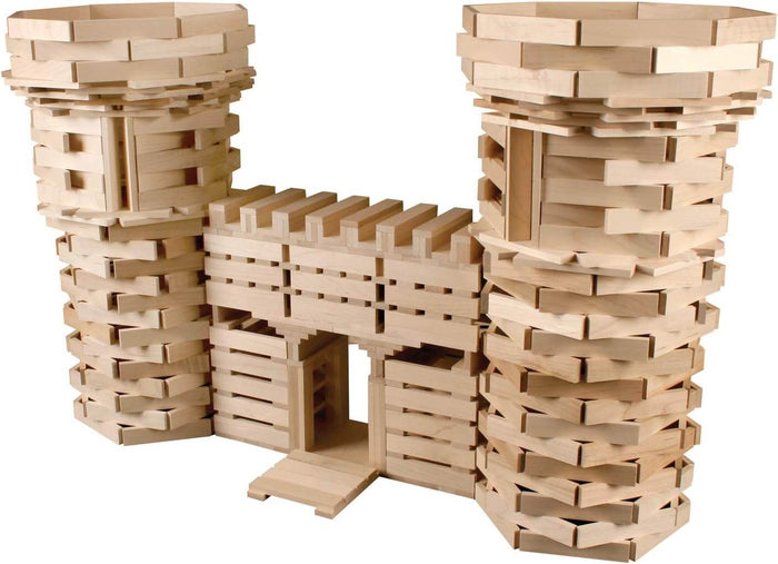 Intricate toy castle built from light-colored wooden planks, featuring two tall towers and a central arched gateway.