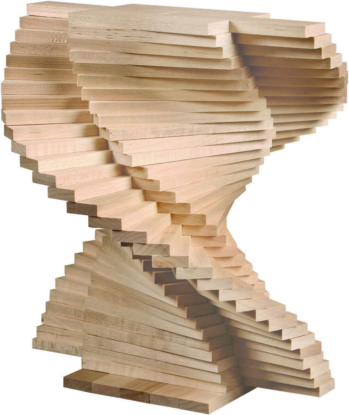 Intricate spiraling hourglass tower made of identical light wood rectangular building planks.