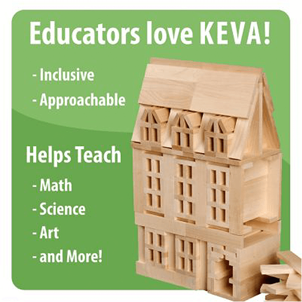 Three-story model house built from uniform light maple planks on a green background listing educational benefits.