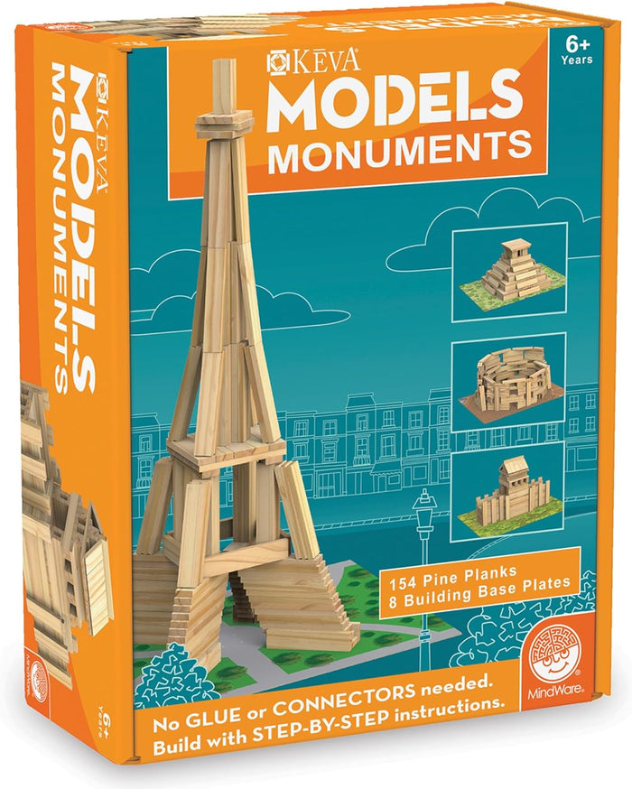 Orange and teal box for a pine plank building set featuring a model of the Eiffel Tower and other famous monuments.