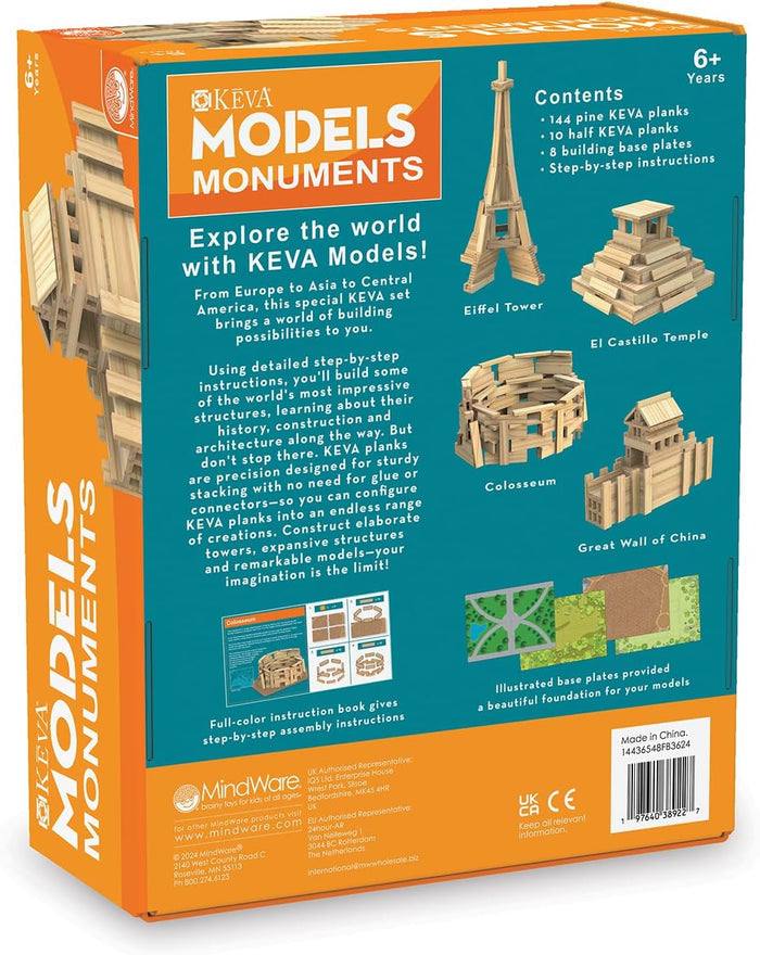 Back of orange toy box showing wooden plank models of world landmarks, contents list, and illustrated base plates.