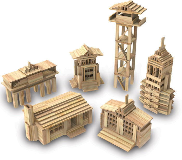 Six detailed architectural monuments and buildings built from light-colored natural wood planks on a white background.