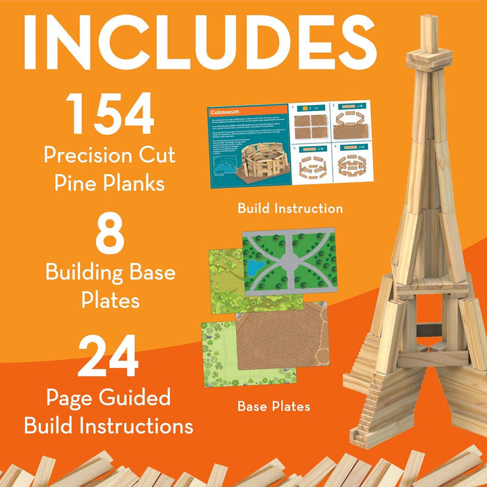 Orange graphic showing pine planks, base plates, instructions, and a tall wooden Eiffel Tower construction model.