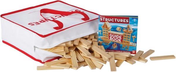 Hundreds of light wood planks spill from a white and red canvas bag beside an illustrated guide book.