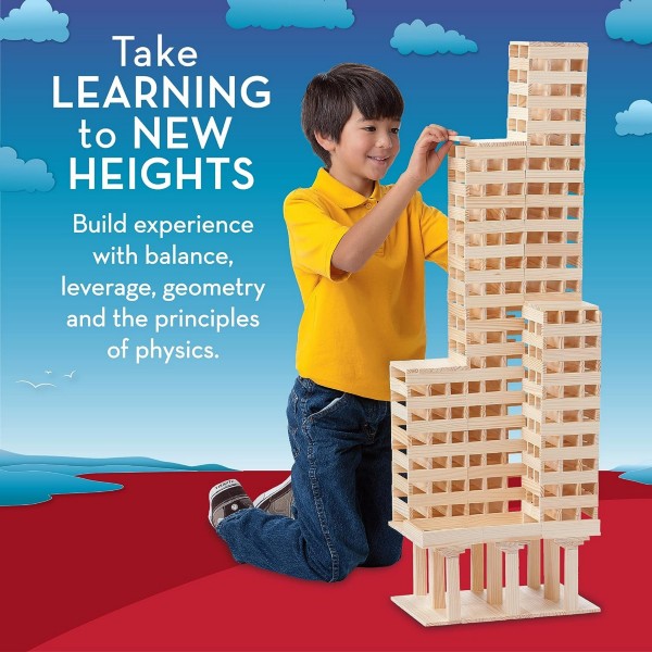 Boy builds a tall tower with light wooden planks. Text reads: Take learning to new heights.