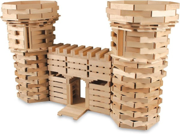 Intricate toy castle with two tall towers and a drawbridge, built from many small, light-colored wooden planks.