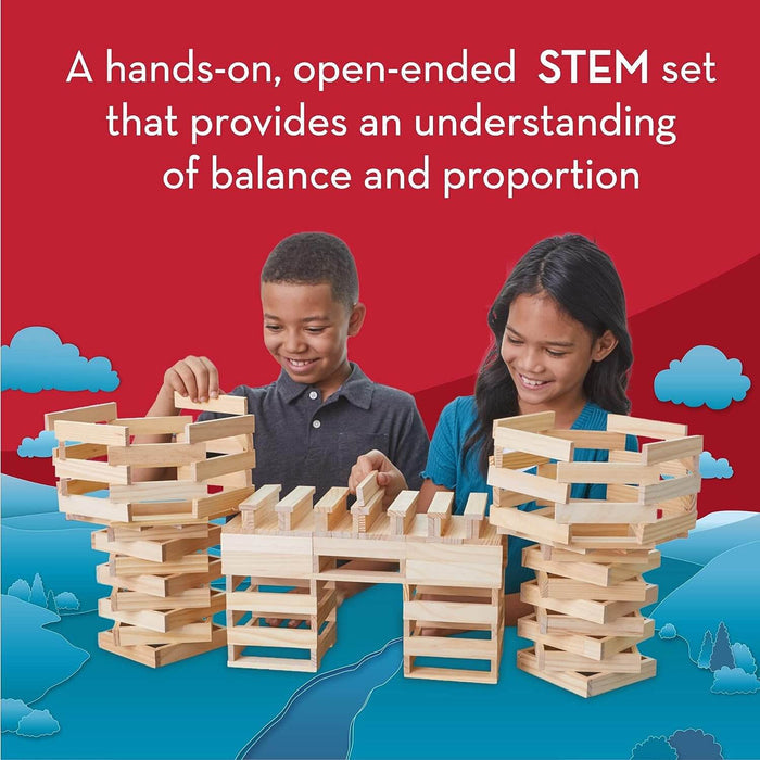 Two children building tall towers and a bridge with light-colored wooden planks against a red and blue background.