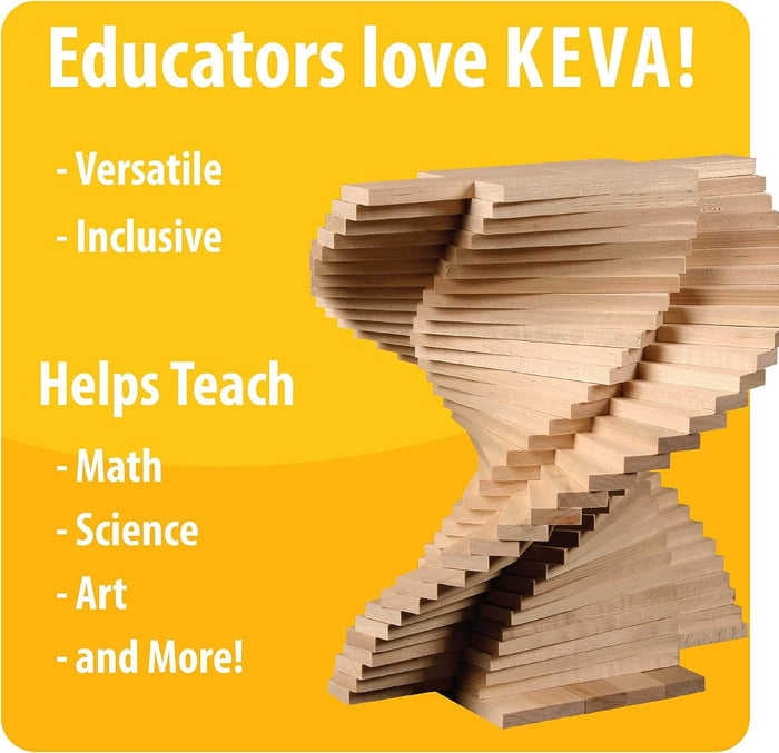 Spiraling double helix sculpture made of uniform wooden planks on a yellow background with educational text.