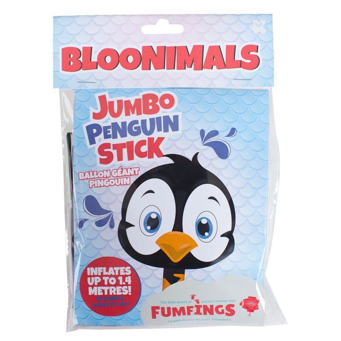 Inflatable toy in clear packaging with a cartoon penguin head and large blue eyes on a blue scale-pattern background.