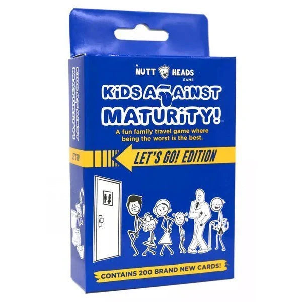 Blue game box with cartoon figures in line for a bathroom. Yellow banner reads Let's Go! Edition.