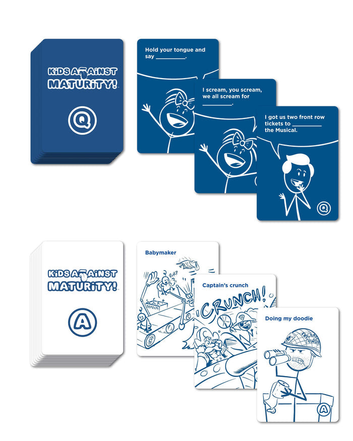 Blue and white playing cards featuring humorous text prompts and line art illustrations for a card game.