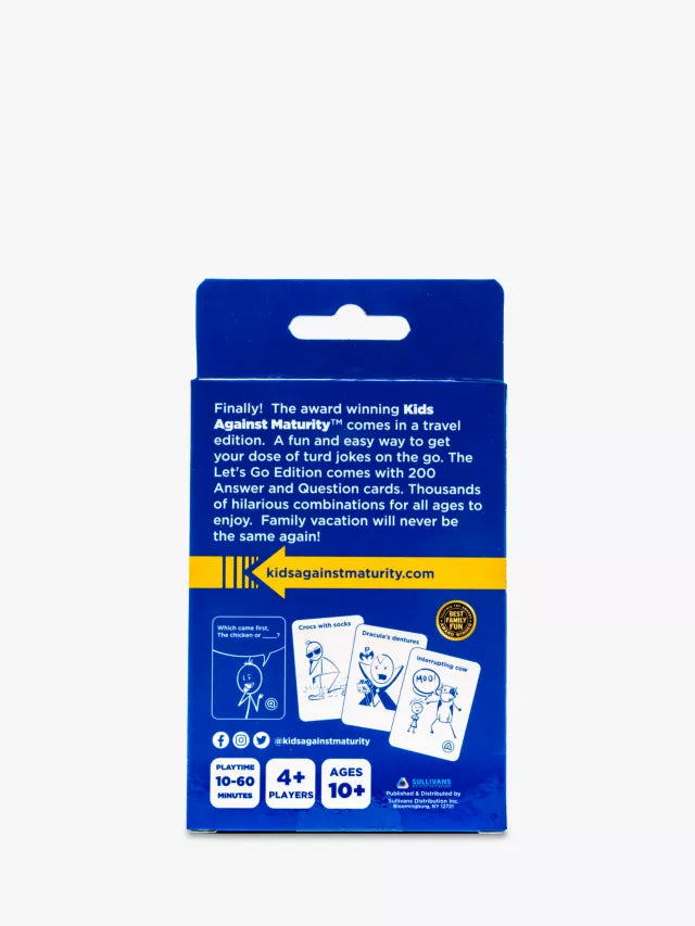 Back of a blue rectangular game box featuring white text, a yellow banner, and illustrations of three sample cards.