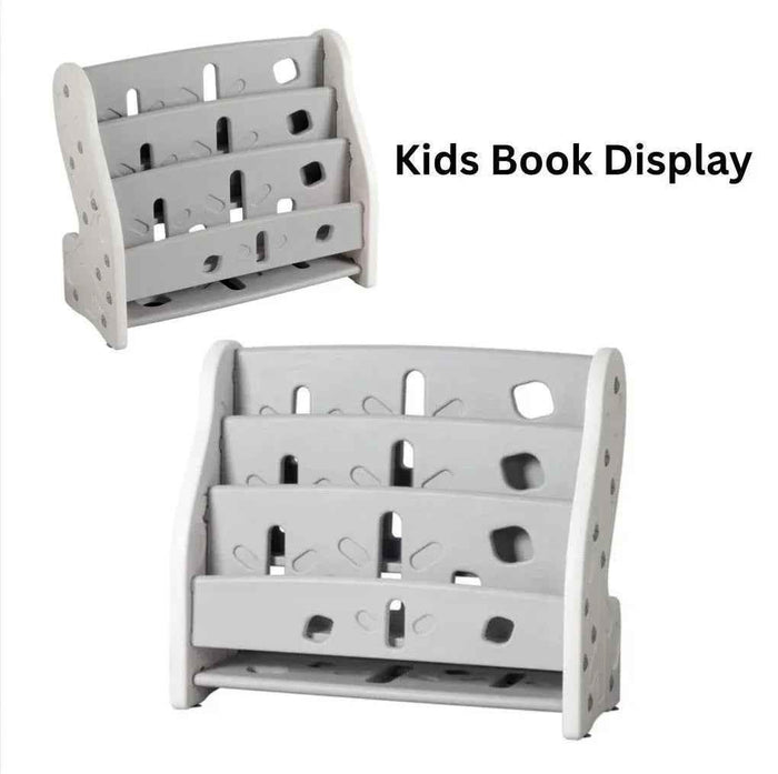 Kids Montessori-inspired book display shelf in grey and mint by Baby Way NZ, designed for children's books and easy access.