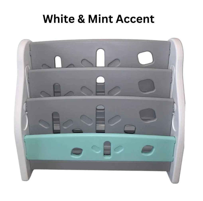 Kids book display shelf by Baby Way NZ, Montessori-inspired standing bookshelf in grey and mint for children's books.