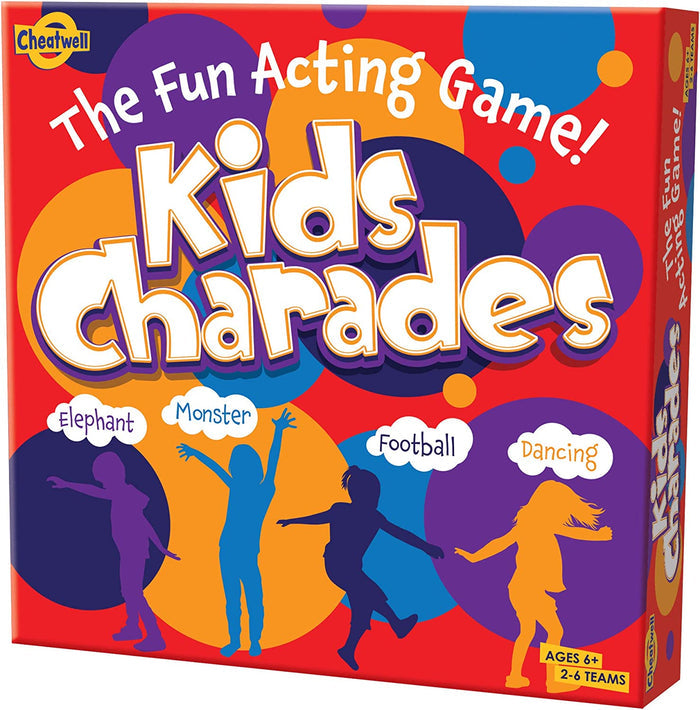 Bright red Kids Charades box with colorful child silhouettes acting against a background of vibrant circles.