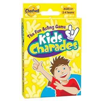 Yellow Kids Charades game box featuring a smiling cartoon boy in a red shirt and white glove icons. Cheatwell brand.