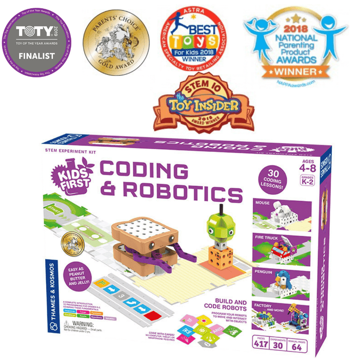 Purple box with award seals showing a sandwich robot, coding cards, and models like a fire truck, penguin, and mouse.