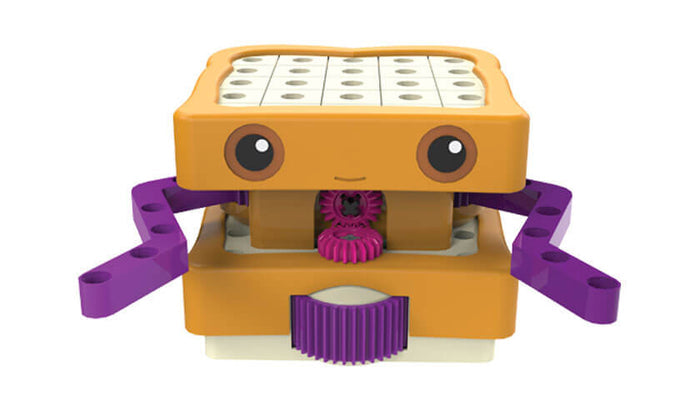 Orange sandwich-shaped toy robot with a friendly face, purple gears, and purple jointed arms with connector holes.
