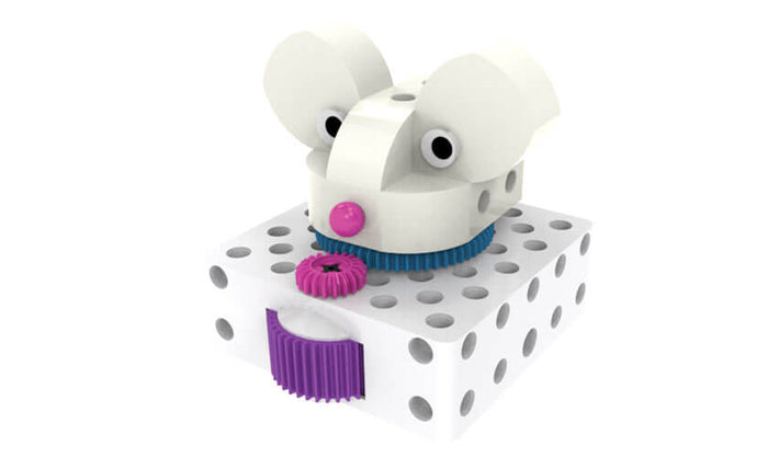 White toy mouse robot with large ears and colorful gears mounted on a white pegboard building block.