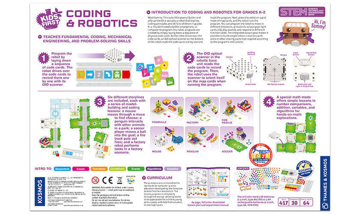 Purple and white infographic showing a blocky robot, colorful coding cards, map tiles, and STEM play scenarios.