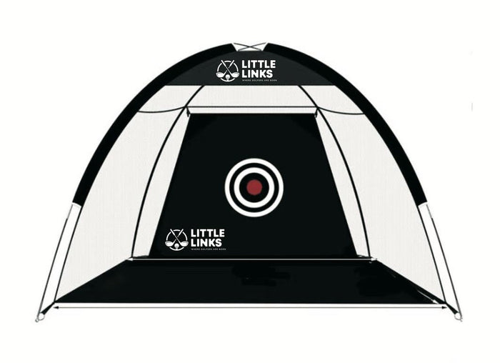 Black and white arched golf net with white mesh, a black back panel, and a central target with a red bullseye.