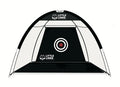Black and white arched golf net with white mesh, a black back panel, and a central target with a red bullseye.