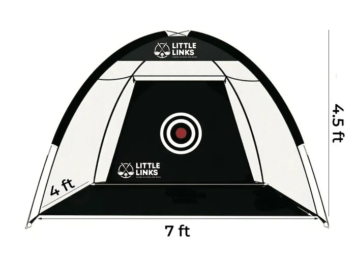 Black and white dome-shaped golf hitting net with bullseye target and dimensions: 7 ft wide, 4.5 ft high, 4 ft deep.