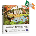 Illustrated puzzle box showing Irish wildlife and a white manor house, with a green and orange Made in Ireland flag.