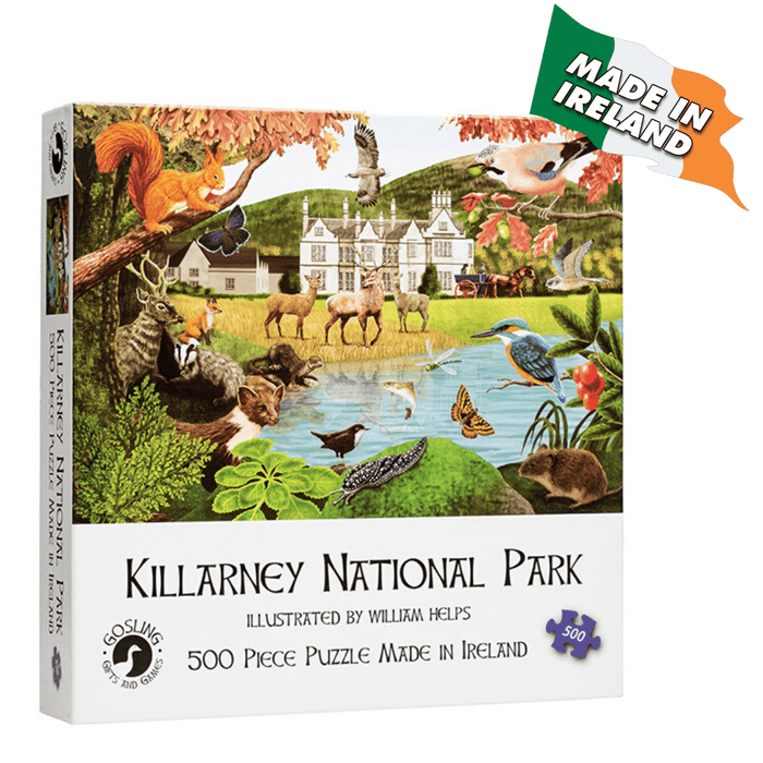 Illustrated puzzle box showing Irish wildlife and a white manor house, with a green and orange Made in Ireland flag.