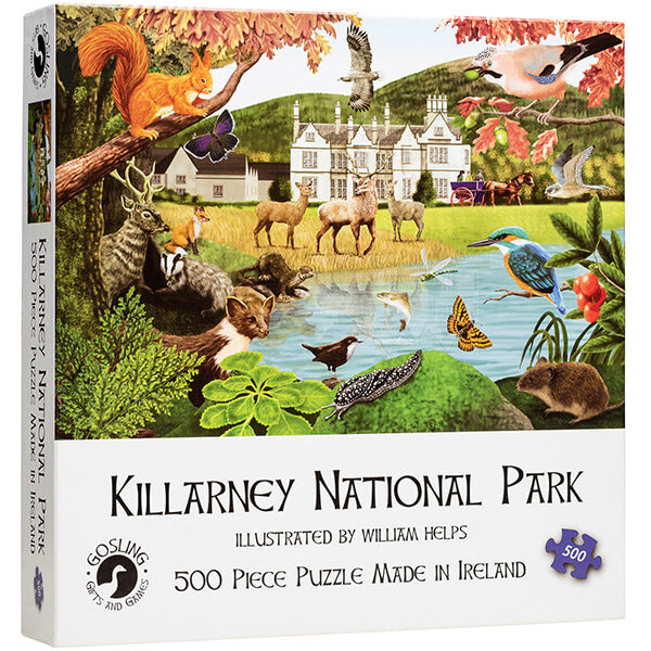Jigsaw box featuring a vibrant illustration of deer, birds, and a white manor house in a green park landscape.