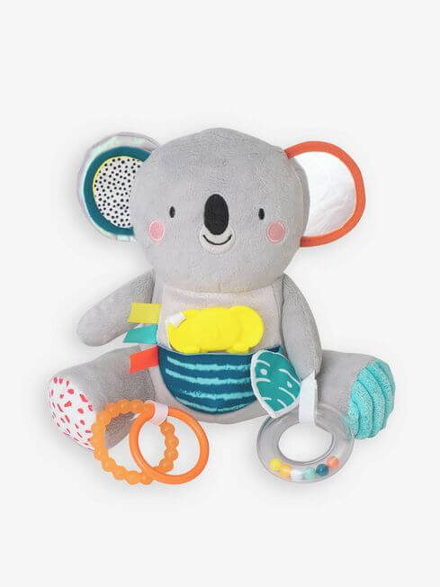 Grey plush koala toy with a mirror ear, yellow elephant, orange teething rings, and a clear rattle with colored beads.