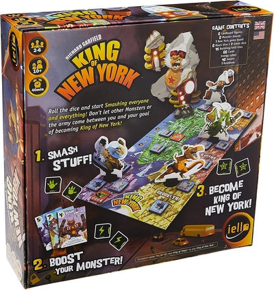 Back of a dark purple board game box featuring colorful monster art, a map, dice, cards, and game component lists.