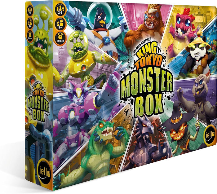 Square game box featuring vibrant diagonal panels of cartoon monsters and a bold green and yellow title logo.