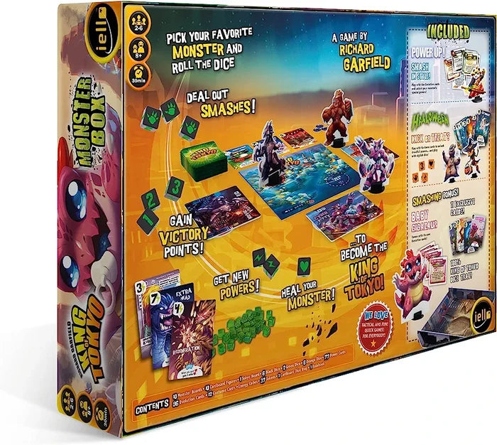 Bright yellow board game box with giant monsters, green dice, and energy cubes for King of Tokyo Monster Box.